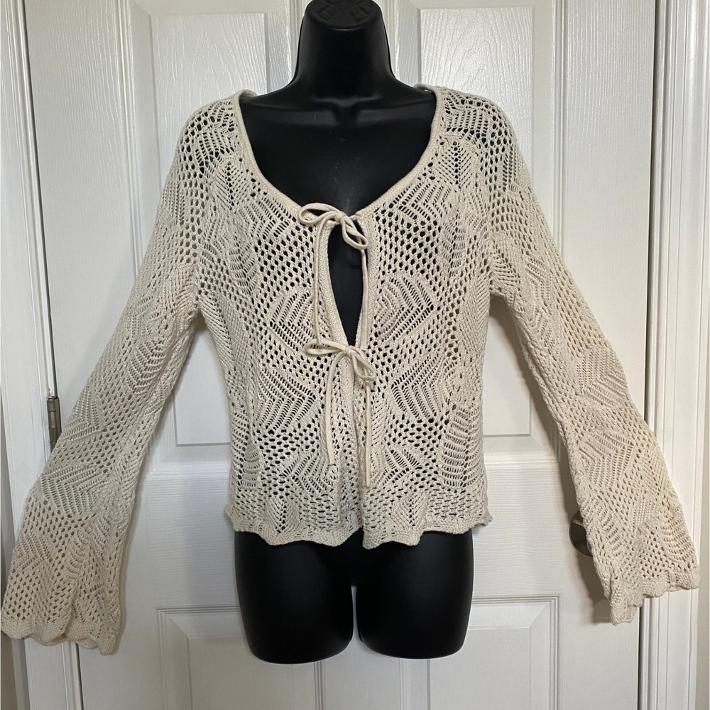 Celebrity Pink Crochet Cardigan Cream Ivory Tie Front Bell Sleeve Cotton Medium‎
